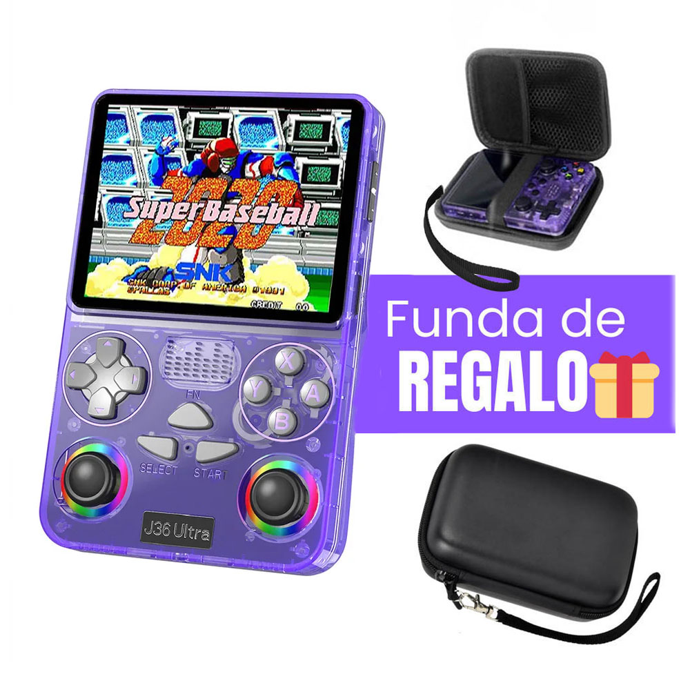 CONSOLA DE VIDEOJUEGOS PORTÁTIL RETRO J36 ULTRA HD MORADO FUNDA GRATIS - 1