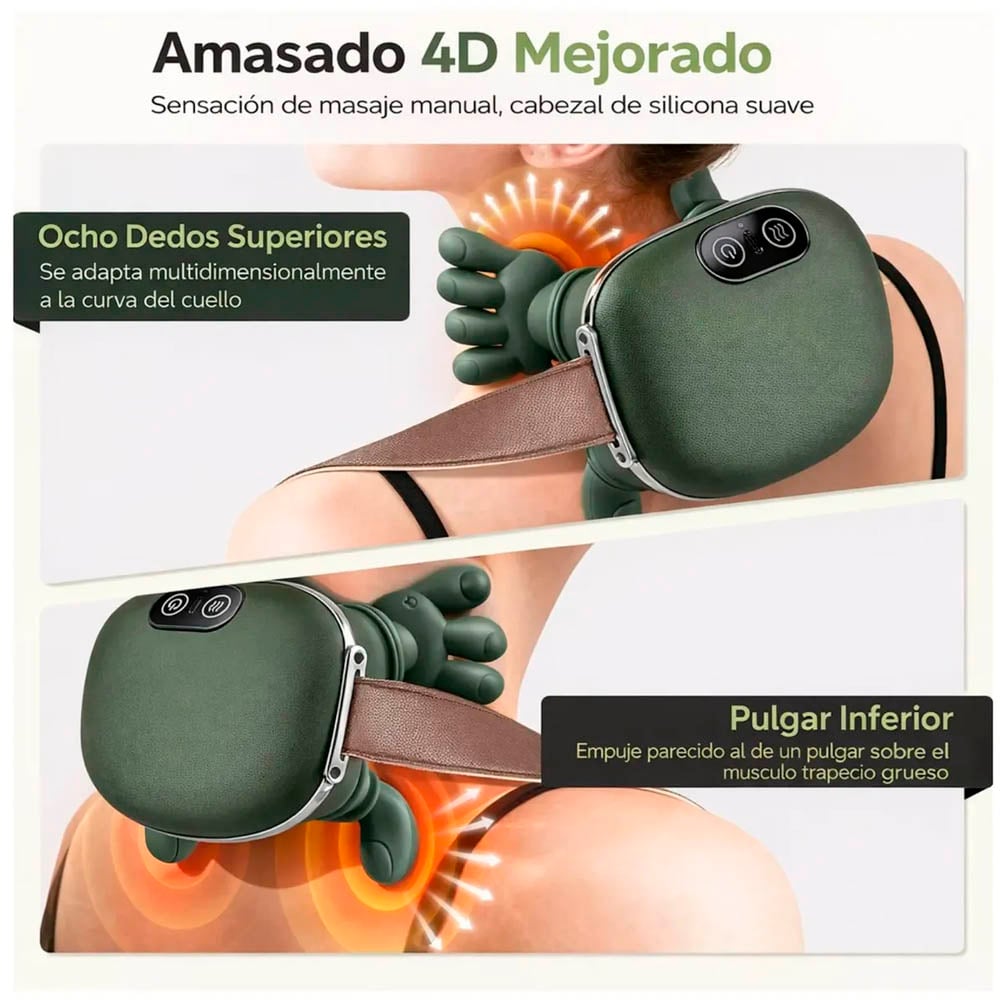 MASAJEADOR DE MANITOS PARA CUELLO Y ESPALDA CON CALOR 4D, 3 NIVELES, RECARGABLE Y PORTÁTIL - 5
