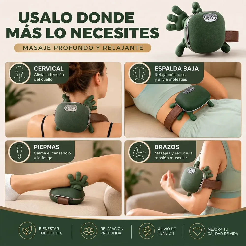 MASAJEADOR DE MANITOS PARA CUELLO Y ESPALDA CON CALOR 4D, 3 NIVELES, RECARGABLE Y PORTÁTIL - 6