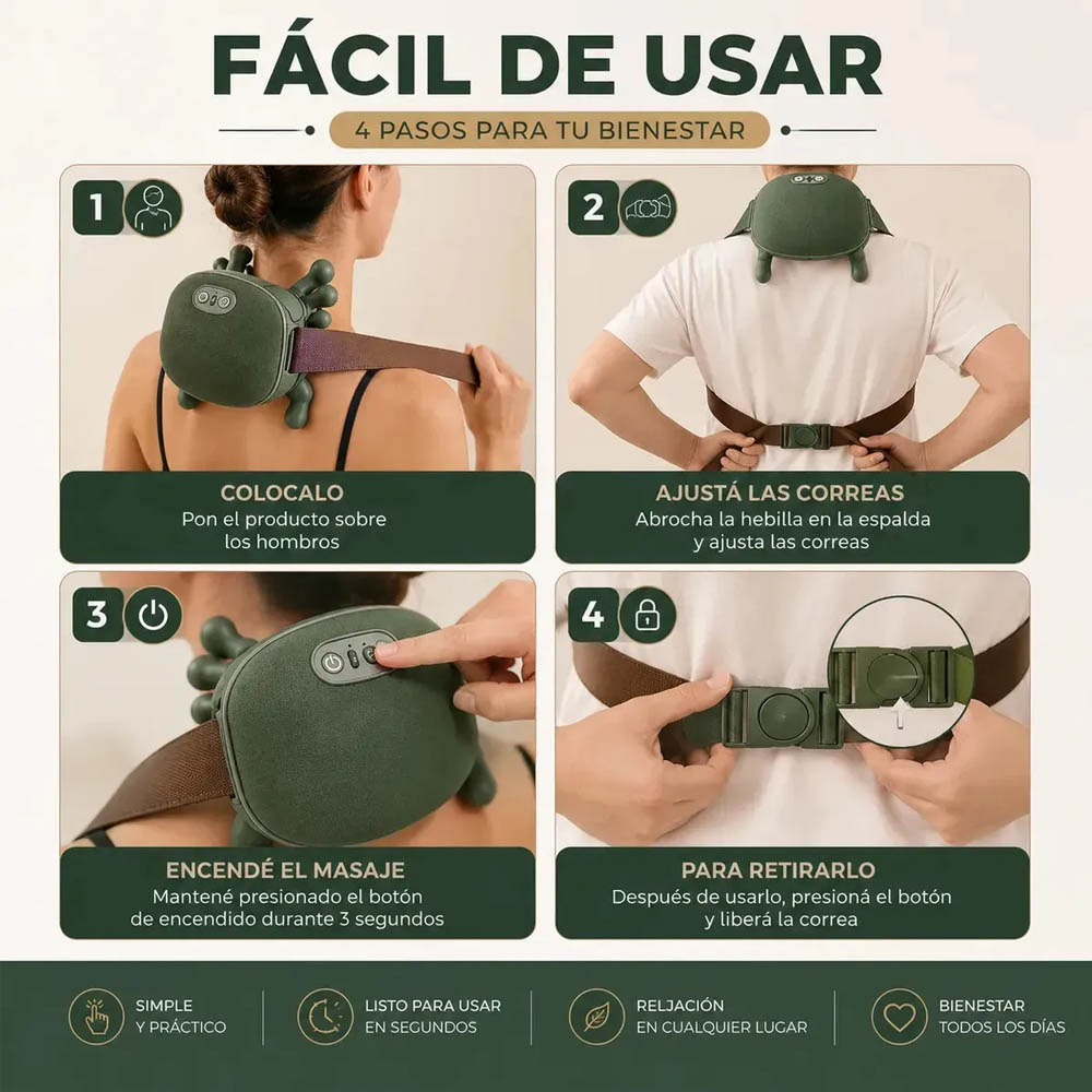 MASAJEADOR DE MANITOS PARA CUELLO Y ESPALDA CON CALOR 4D, 3 NIVELES, RECARGABLE Y PORTÁTIL - 7