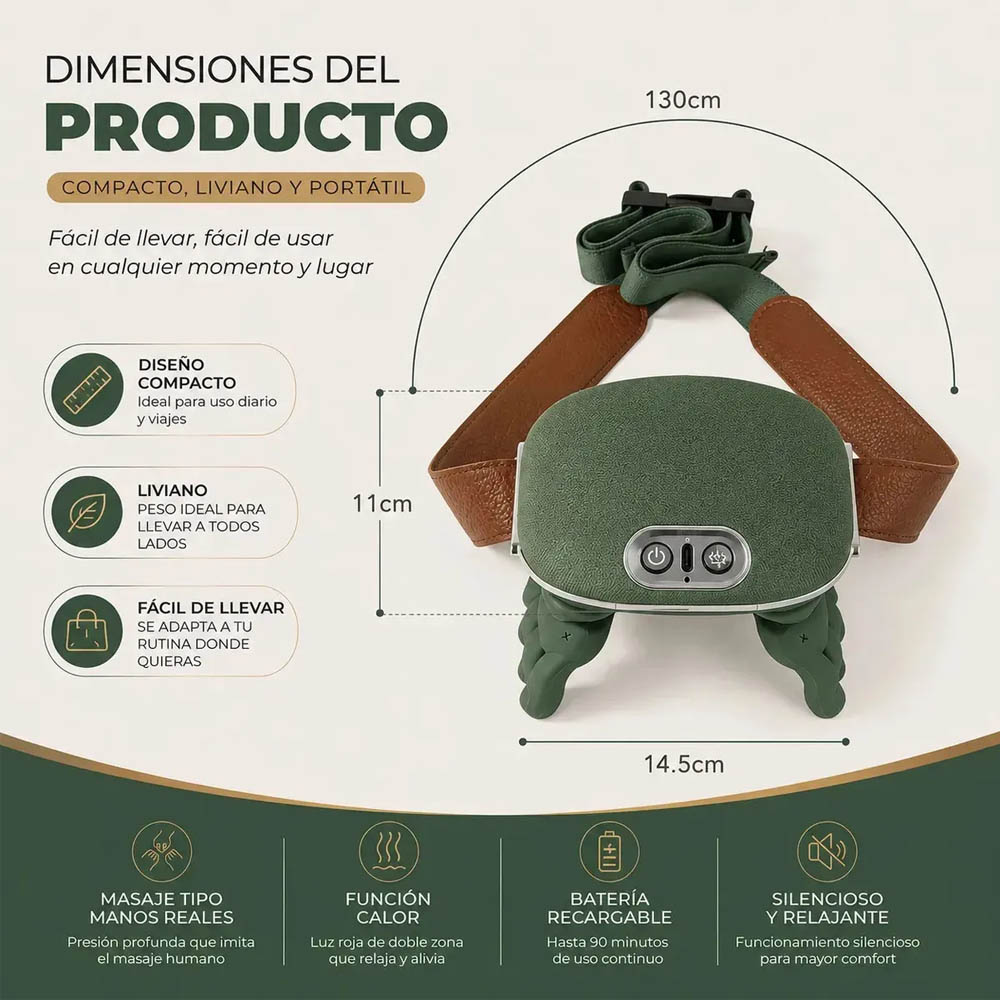 MASAJEADOR DE MANITOS PARA CUELLO Y ESPALDA CON CALOR 4D, 3 NIVELES, RECARGABLE Y PORTÁTIL - 8