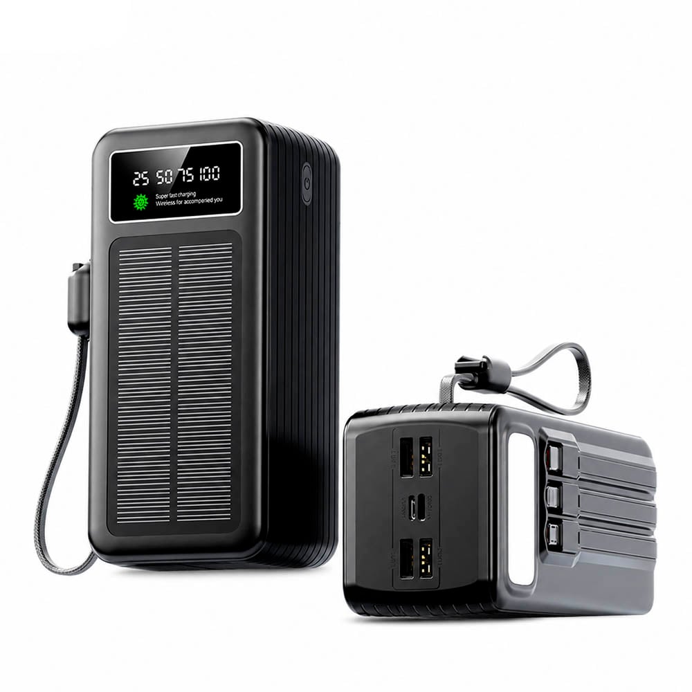 POWER BANK DEMGEL NEGRO 55 000 MAH DE2302 4 CABLES INTEGRADOS, CARGA RÁPIDA PD 25W, SOLAR Y LUZ LED - 1