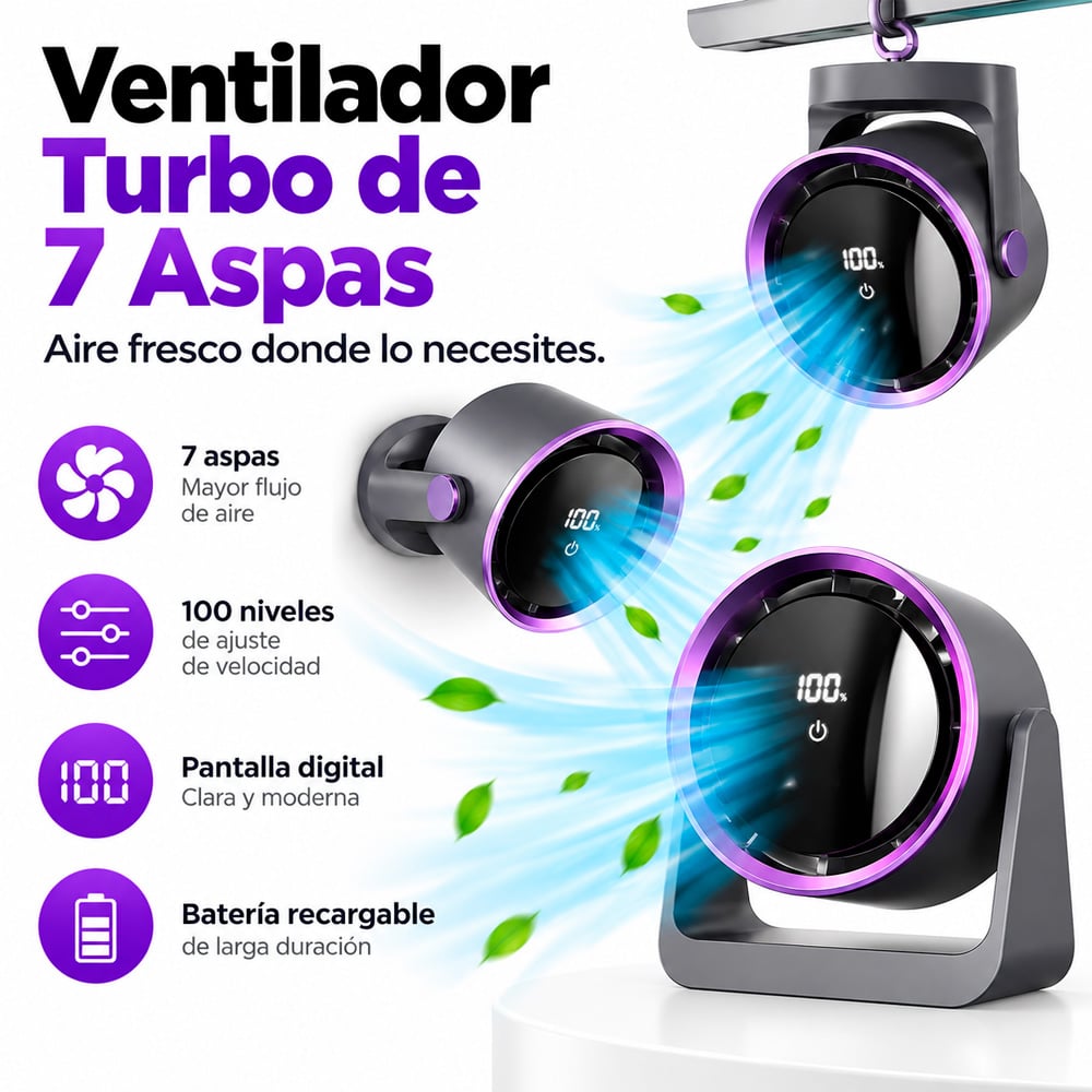 VENTILADOR PORTÁTIL DE ESCRITORIO 7 ASPAS CON PANTALLA DIGITAL MORADO - 3