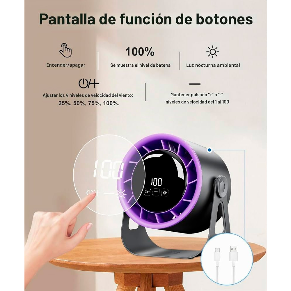 VENTILADOR PORTÁTIL DE ESCRITORIO 7 ASPAS CON PANTALLA DIGITAL MORADO - 6
