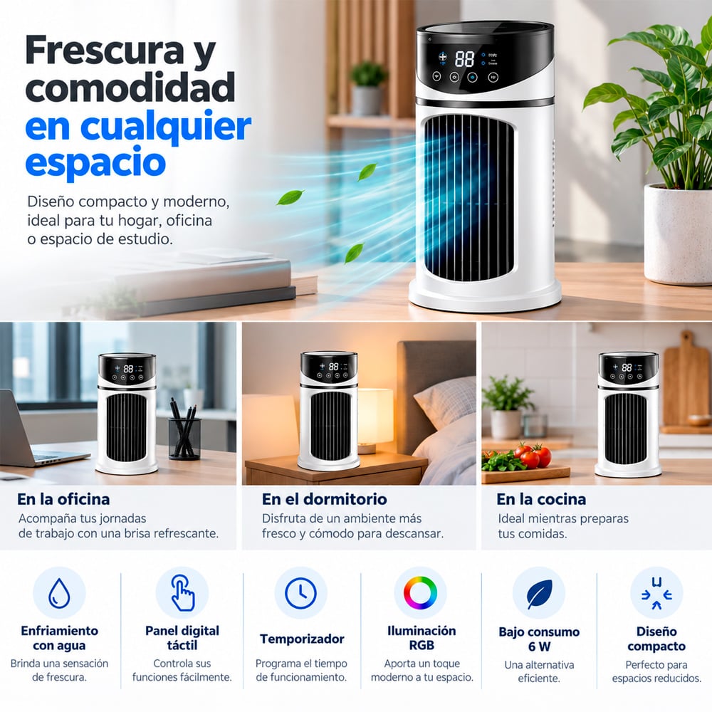 ENFRIADOR DE AIRE PORTÁTIL CON PANEL DIGITAL RGB BLANCO - 3