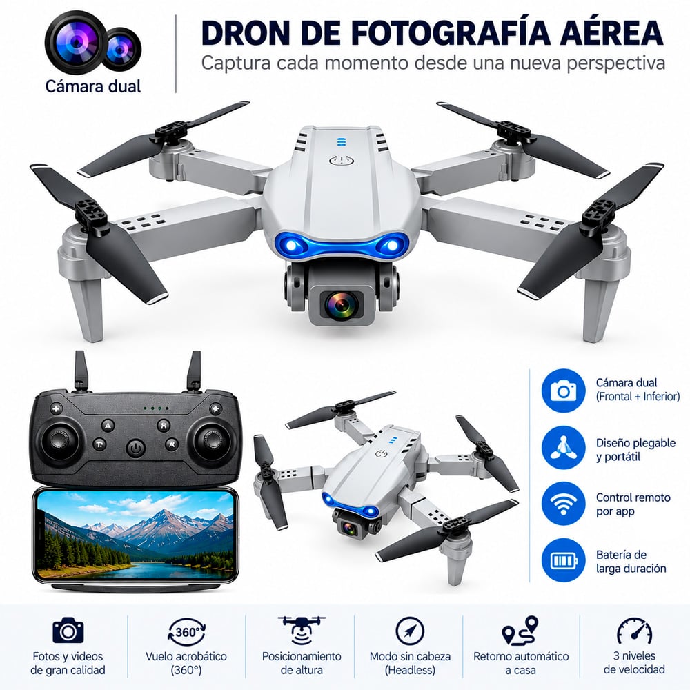 DRONE E99 PRO DOBLE CÁMARA FHD LED GRIS NUEVO MÁS KIT DE ACCESORIOS - 2