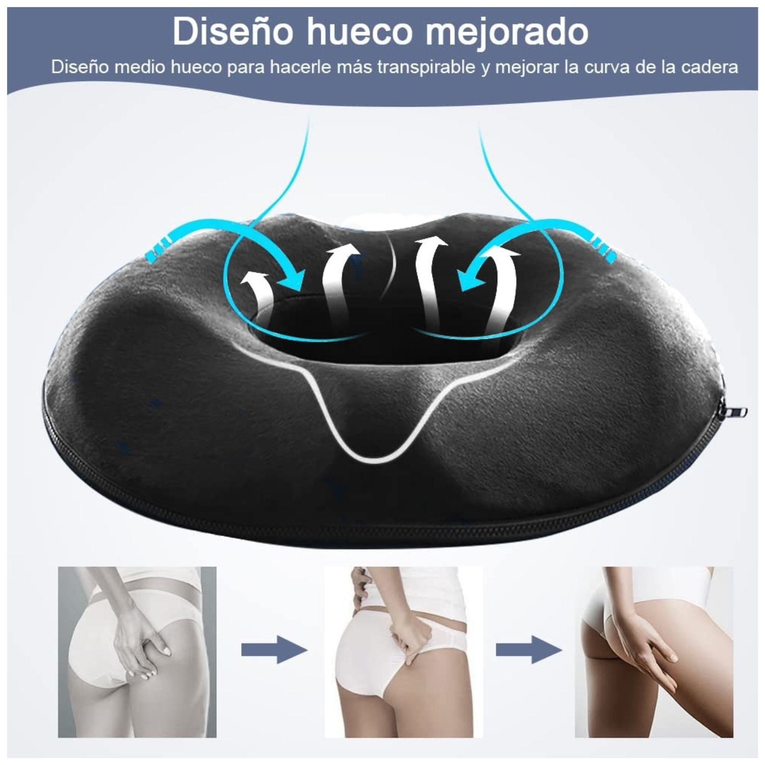 PACK COJINES DAUER NEGRO ORTOPÉDICOS RESPALDAR Y TIPO DONA ANATÓMICO CON GEL TECH + BAMBU - 3