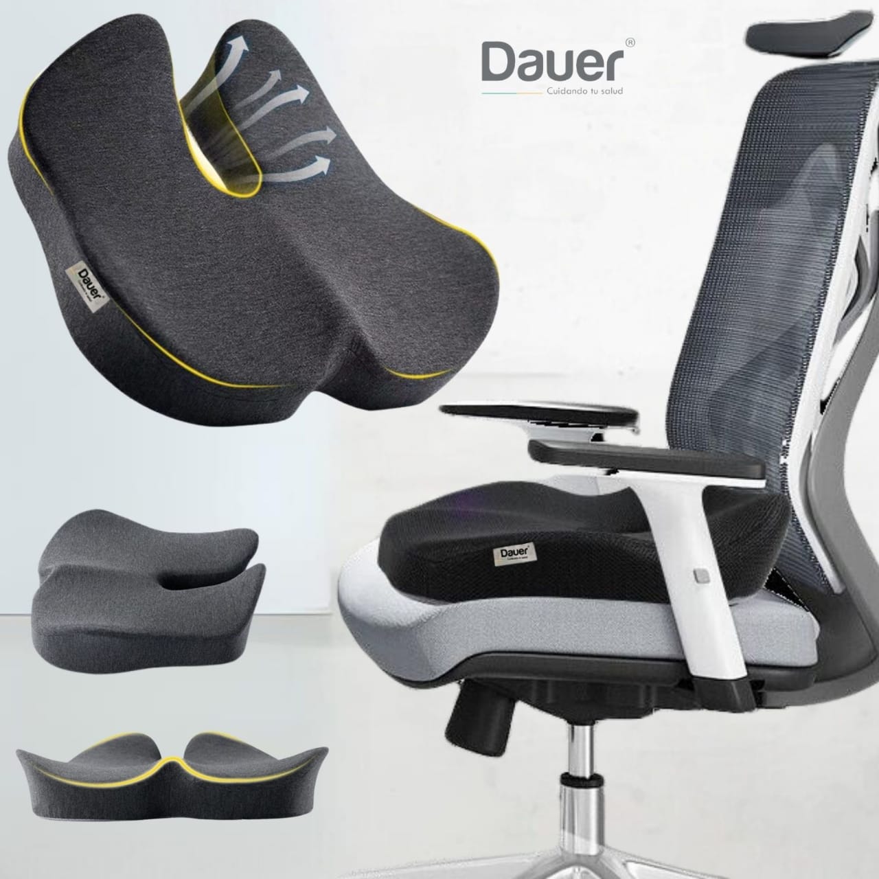 ASIENTO COJÍN 3D ERGONÓMICO DAUER NEGRO BAMBÚ MEJORA LA POSTURA FORRO SUAVE Y ASA DE TRANSPORTE - 1
