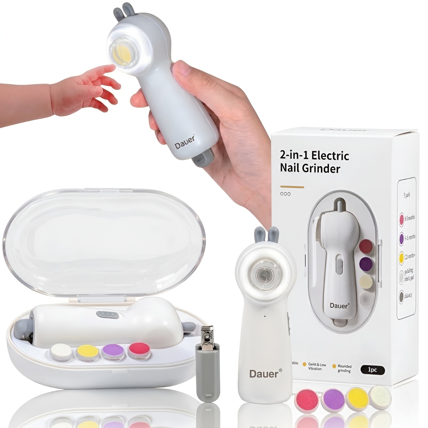 KIT 2 EN 1 PULIDOR UÑAS BEBÉ RECARGABLE + CORTAÚÑAS CON LUZ LED, SILENCIOSO CON ESTUCHE Y RECOLECTOR - 1