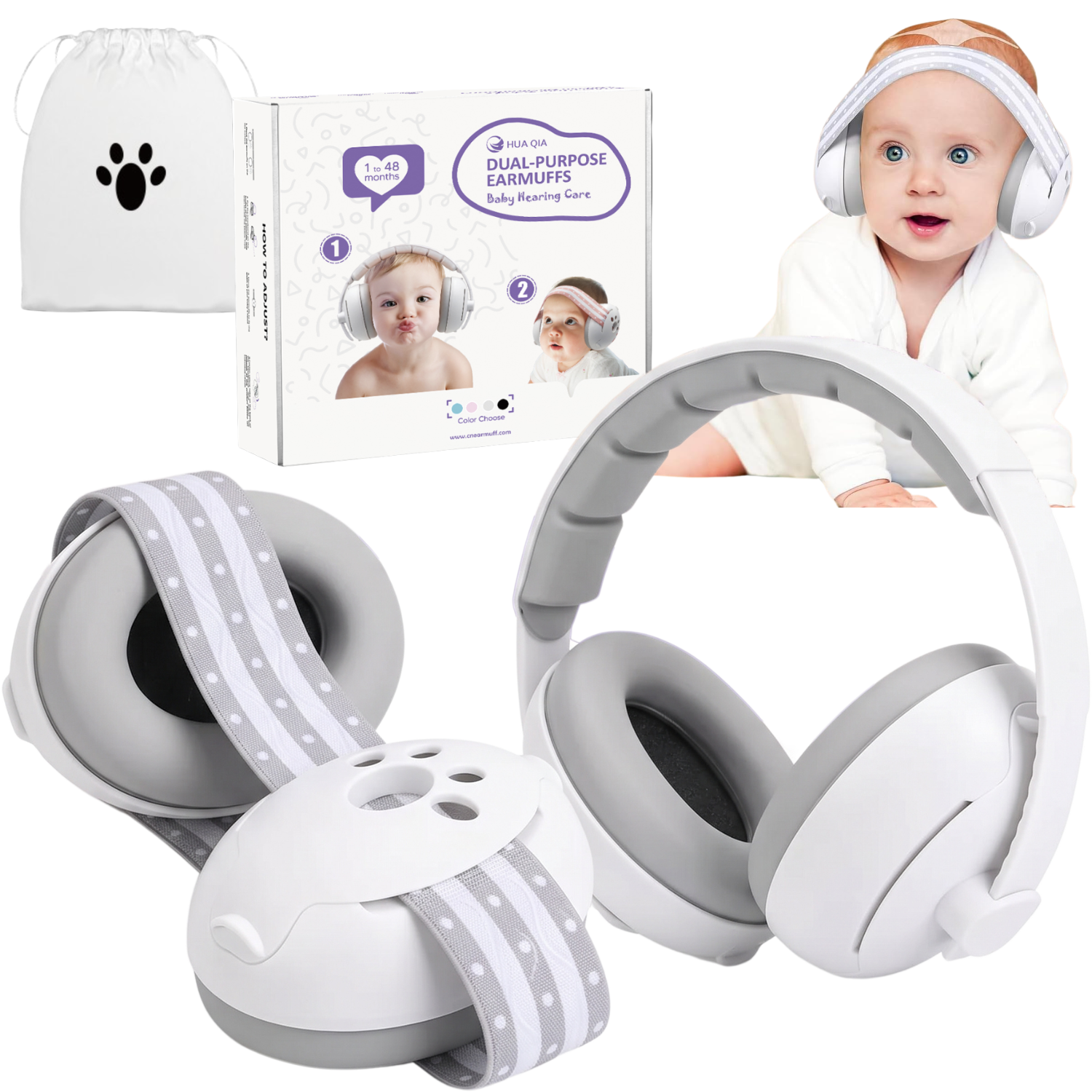 AUDÍFONOS ANTI RUIDO 2 EN 1 BEBES Y NIÑOS PROTECCIÓN AUDITIVA VINCHA AJUSTABLE BLANCO - 1