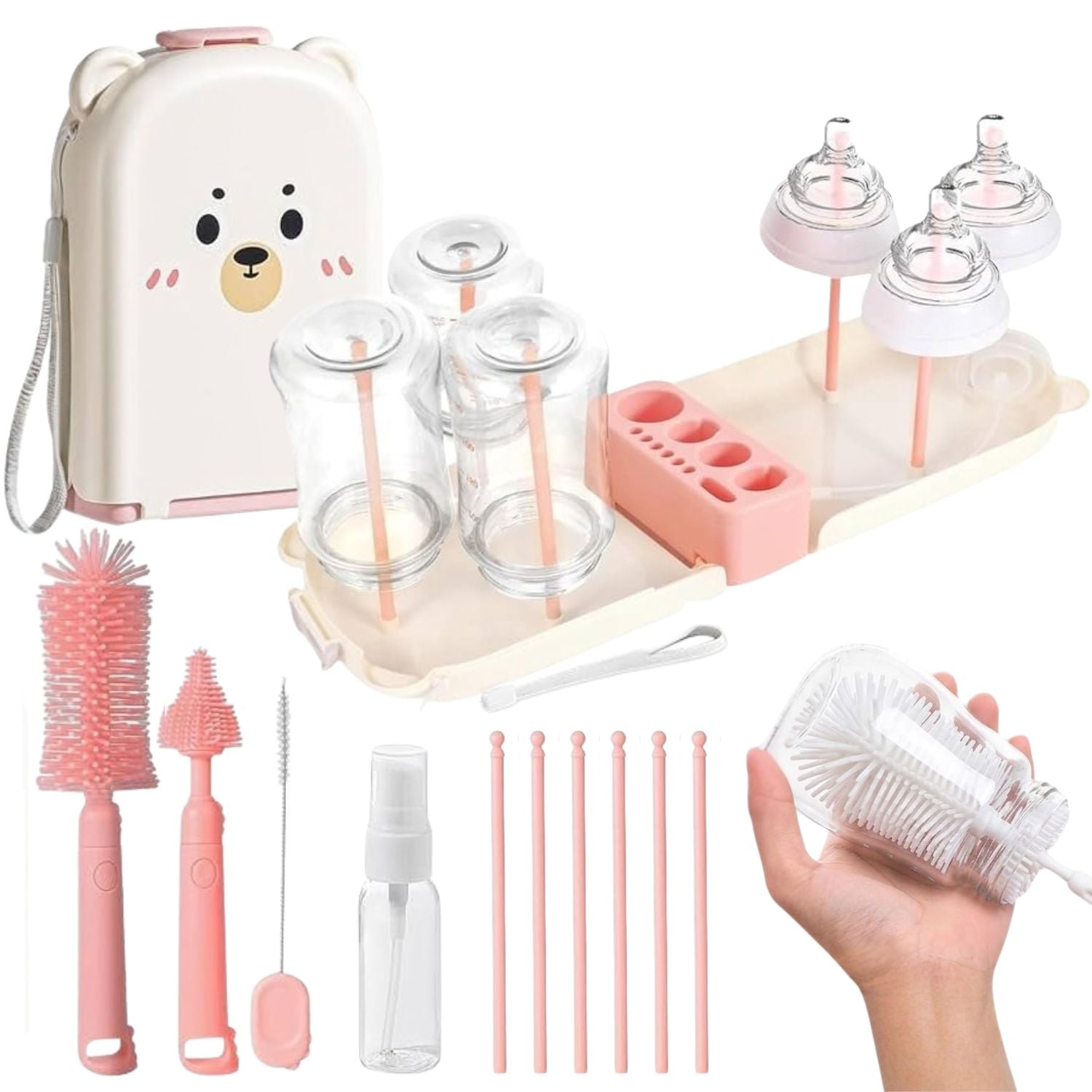 KIT LIMPIADOR DE BIBERONES PORTATIL OSITO MULTIFUNCIONAL 5 EN 1 DE SILICONA CON ESTUCHE ROS - 1