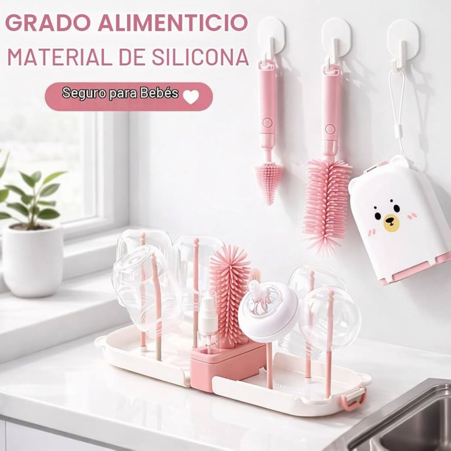 KIT LIMPIADOR DE BIBERONES PORTATIL OSITO MULTIFUNCIONAL 5 EN 1 DE SILICONA CON ESTUCHE ROS - 3