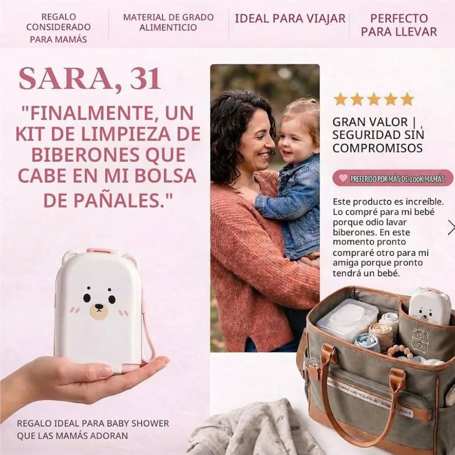 KIT LIMPIADOR DE BIBERONES PORTATIL OSITO MULTIFUNCIONAL 5 EN 1 DE SILICONA CON ESTUCHE ROS - 6