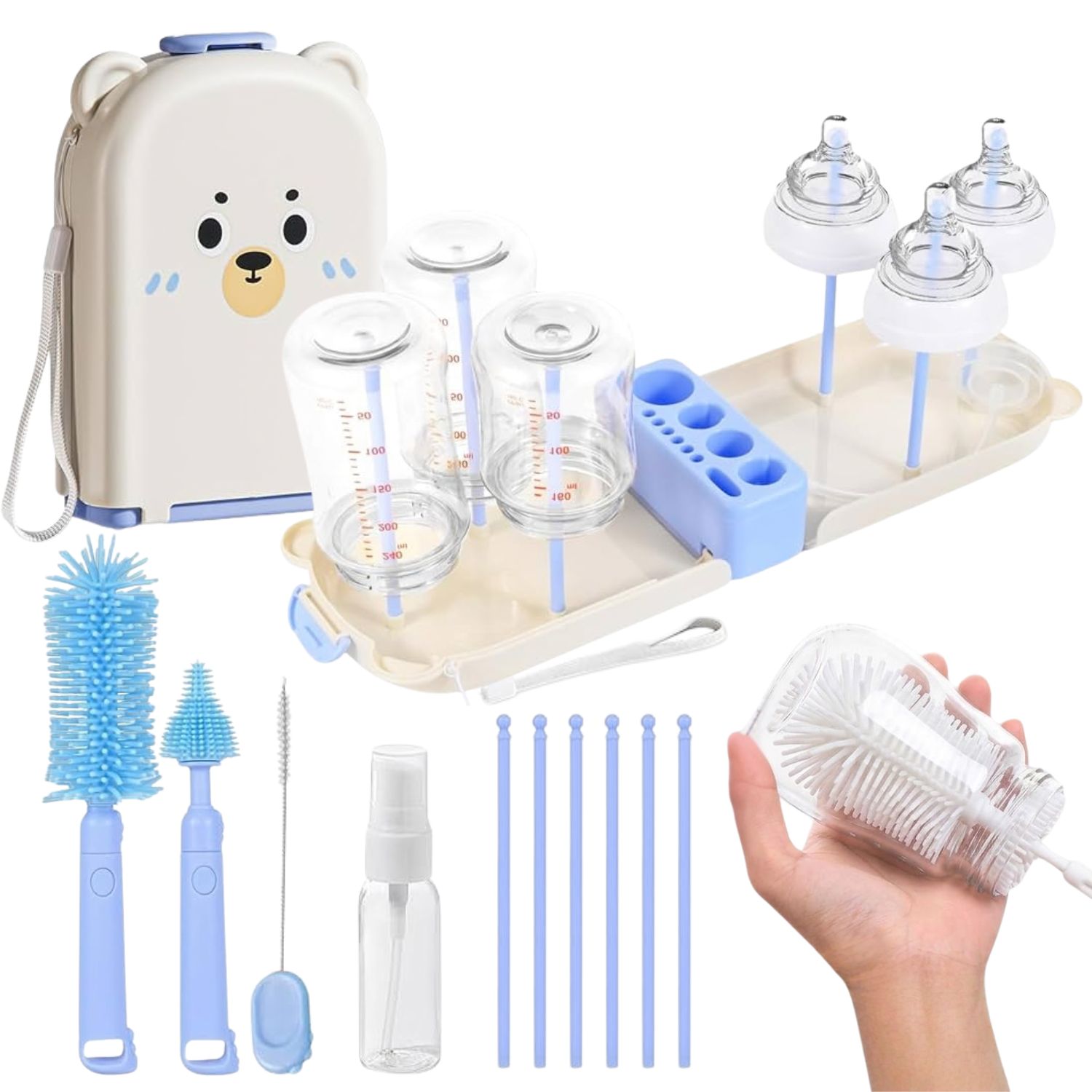 KIT LIMPIADOR DE BIBERONES PORTATIL OSITO MULTIFUNCIONAL 10 EN 1 DE SILICONA CON ESTUCHE AZUL - 1