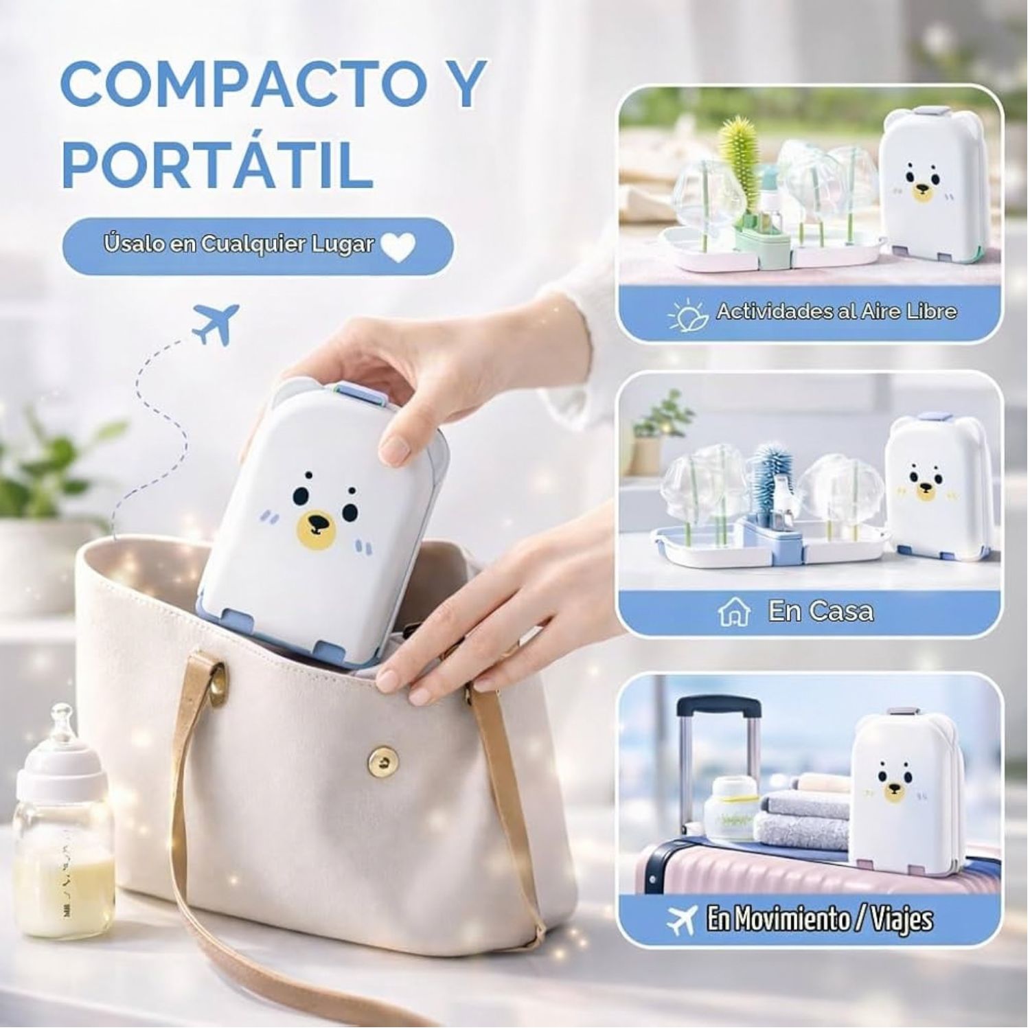 KIT LIMPIADOR DE BIBERONES PORTATIL OSITO MULTIFUNCIONAL 10 EN 1 DE SILICONA CON ESTUCHE AZUL - 2