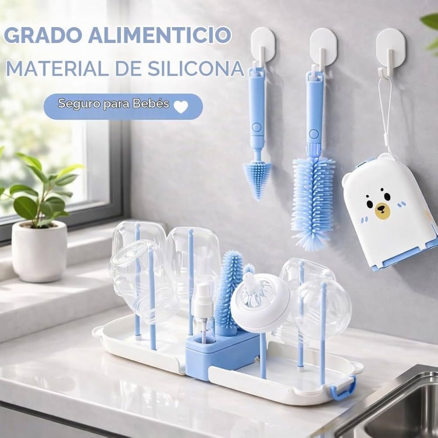 KIT LIMPIADOR DE BIBERONES PORTATIL OSITO MULTIFUNCIONAL 10 EN 1 DE SILICONA CON ESTUCHE AZUL - 3
