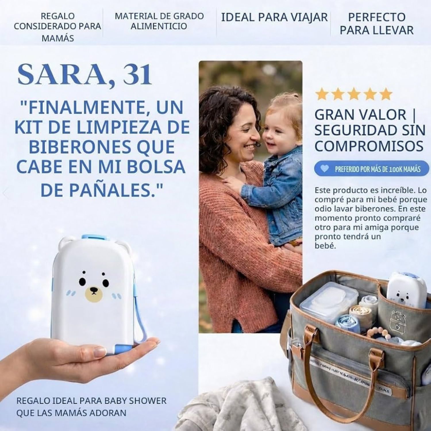 KIT LIMPIADOR DE BIBERONES PORTATIL OSITO MULTIFUNCIONAL 10 EN 1 DE SILICONA CON ESTUCHE AZUL - 5