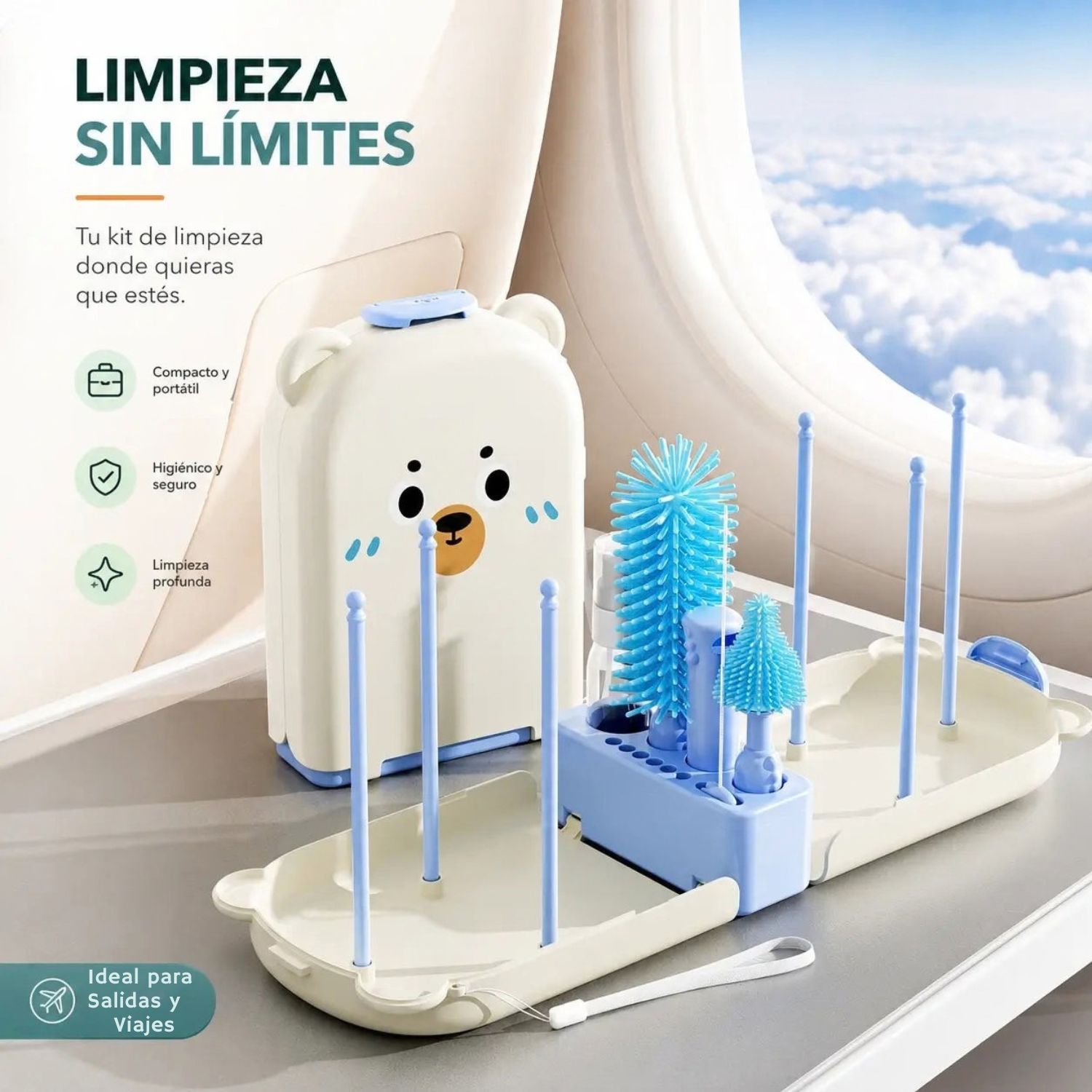 KIT LIMPIADOR DE BIBERONES PORTATIL OSITO MULTIFUNCIONAL 10 EN 1 DE SILICONA CON ESTUCHE AZUL - 7
