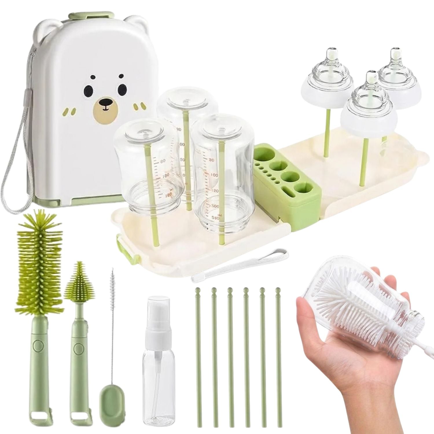 KIT LIMPIADOR DE BIBERONES PORTATIL OSITO MULTIFUNCIONAL 10 EN 1 DE SILICONA CON ESTUCHE VER - 1