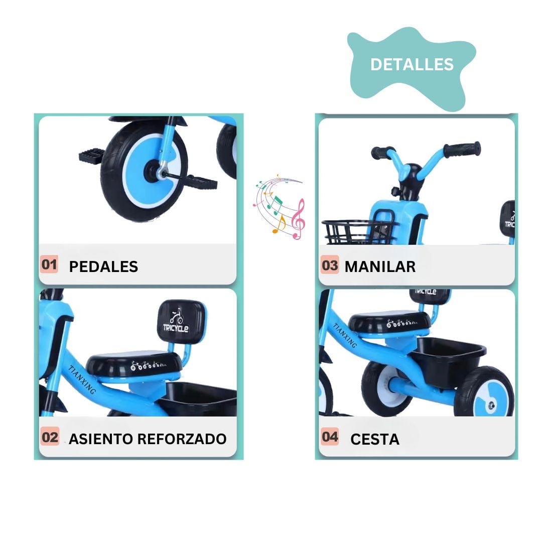 TRICICLO HELIOS ECOGRILL BLANCO NIÑOS MUSICAL Y LUZ MULTIFUNCIONAL - 2