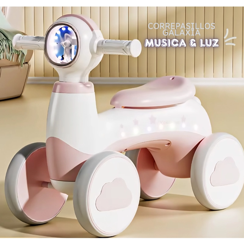 TRICICLO CORREPASILLOS ESPACIAL MUSICAL Y LUZ PARA NIÑOS COLOR ROSADO - 1