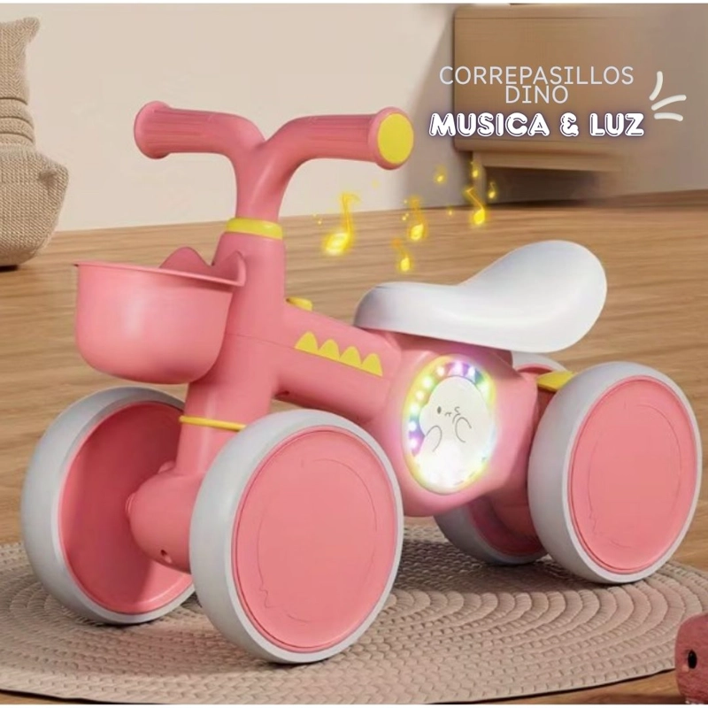 TRICICLO CORREPASILLOS SCOOTER DINO MUSICAL Y LUZ PARA NIÑOS COLOR ROSADO - 1
