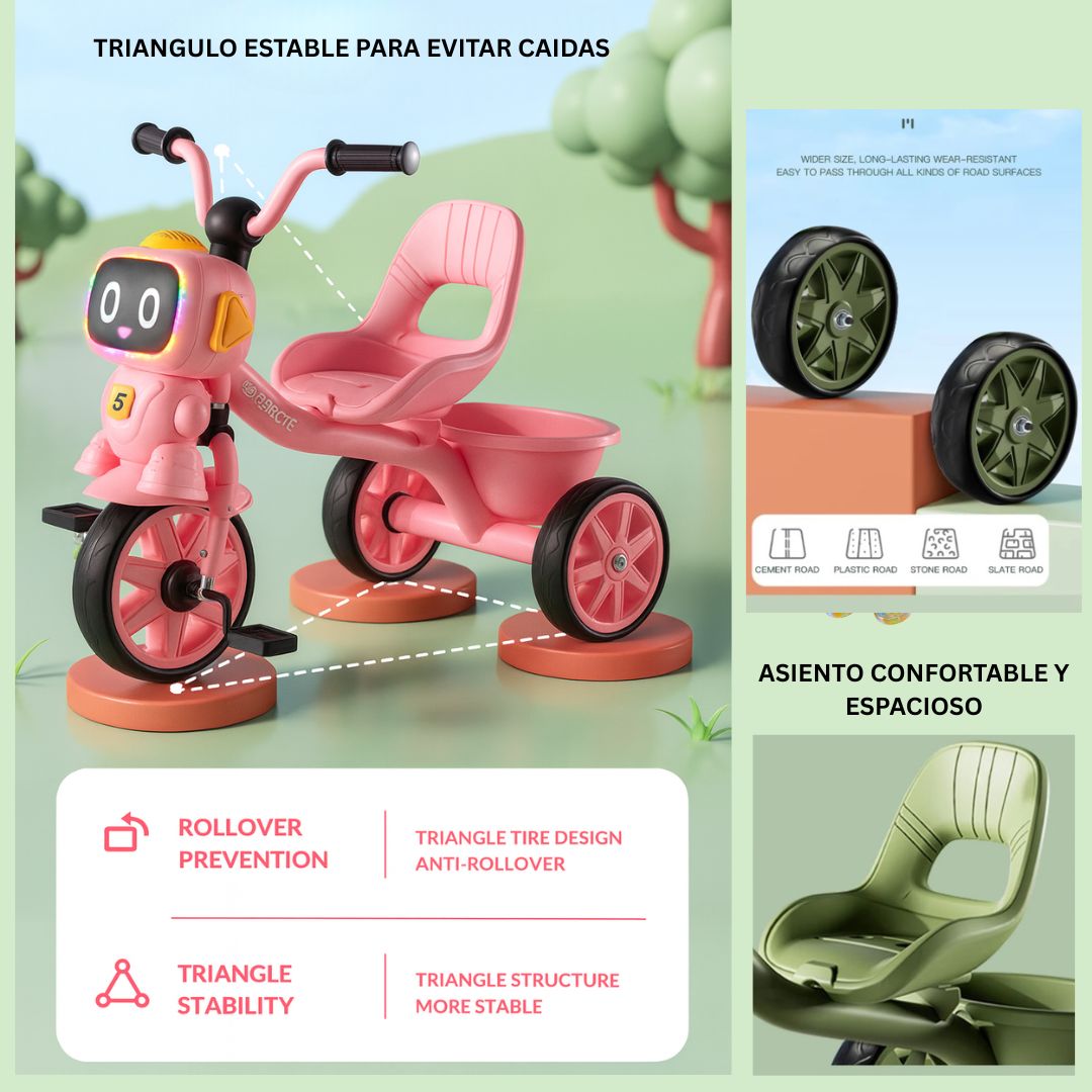 TRICICLO PARA NIÑOS TRICYBOT MUSICAL Y LUZ COLOR ROSADO - 4