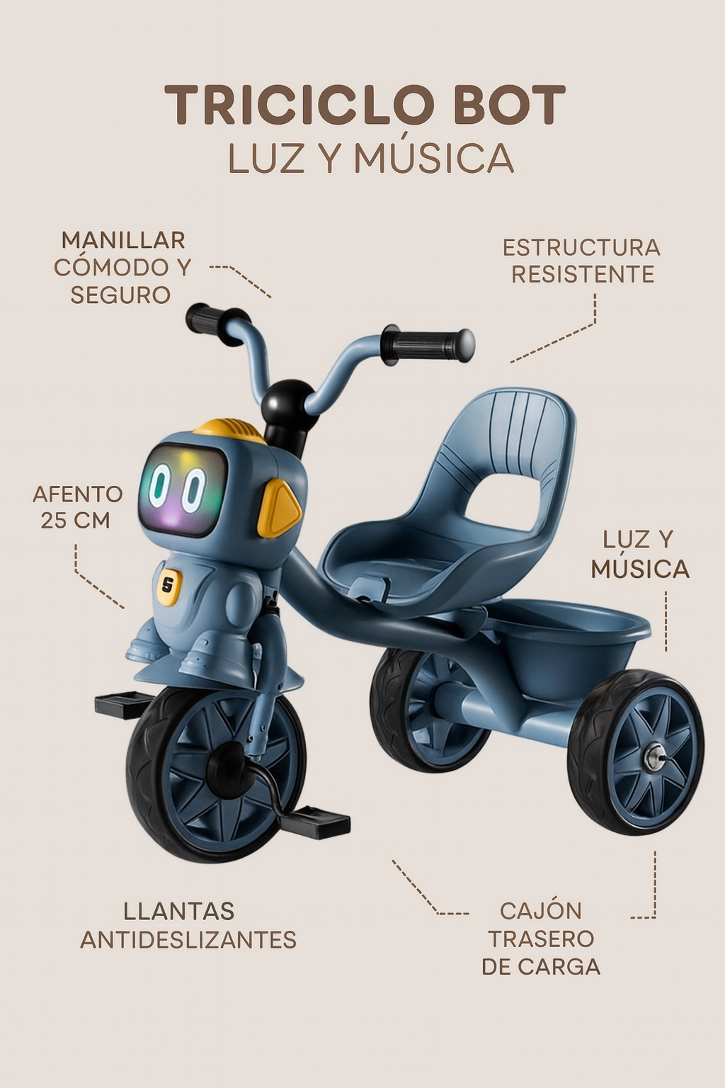 TRICICLO PARA NIÑOS TRICYBOT MUSICAL Y LUZ COLOR AZUL - 2
