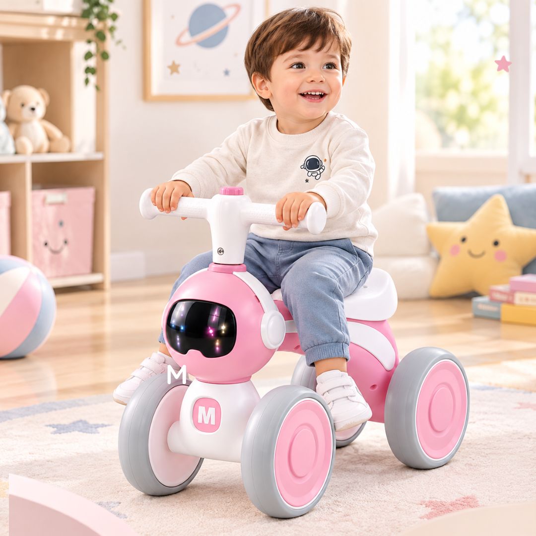 BICICLETA CORREPASILLOS PARA NIÑOS ASTRONAUTA MUSICAL Y LUZ COLOR ROSADO - 1