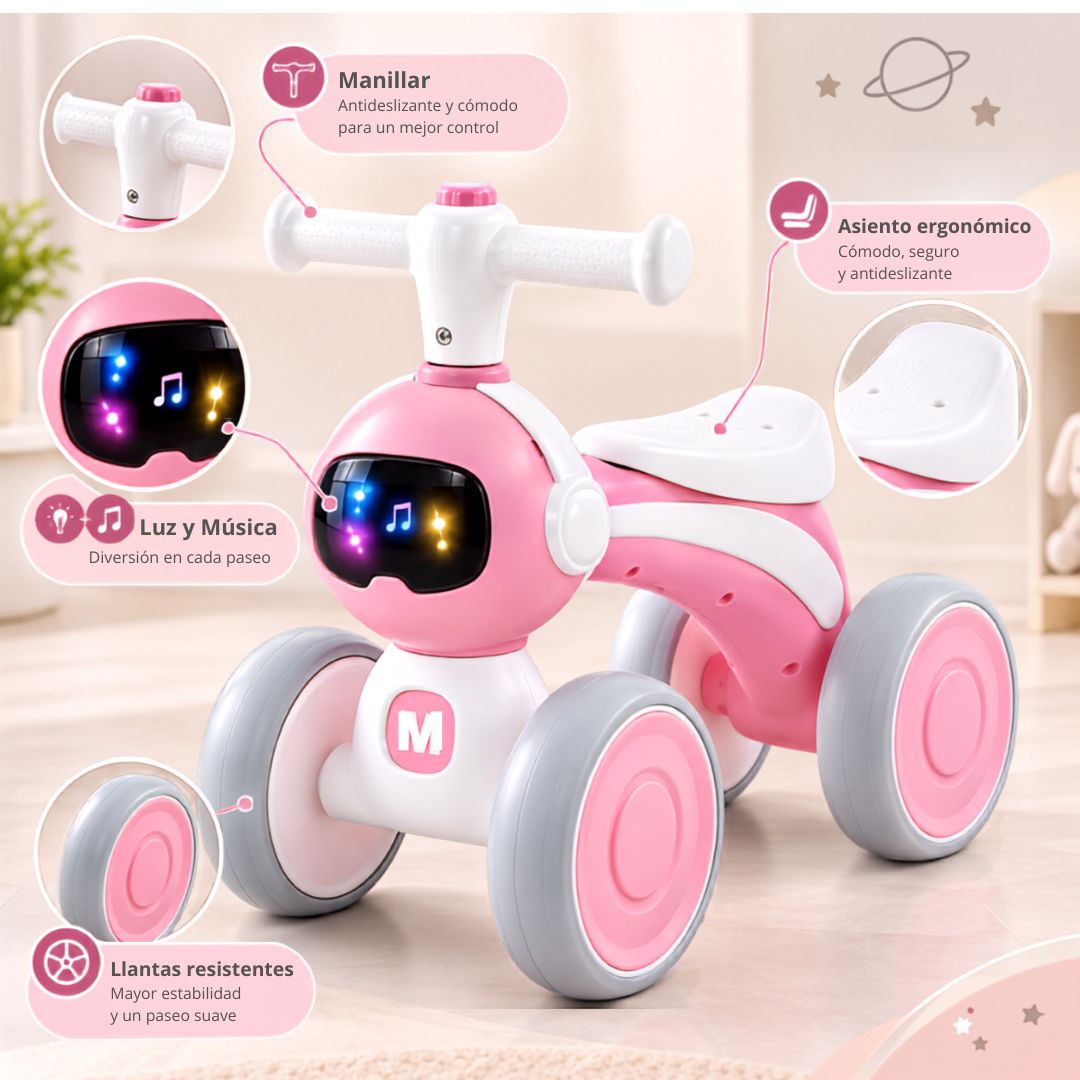 BICICLETA CORREPASILLOS PARA NIÑOS ASTRONAUTA MUSICAL Y LUZ COLOR ROSADO - 2