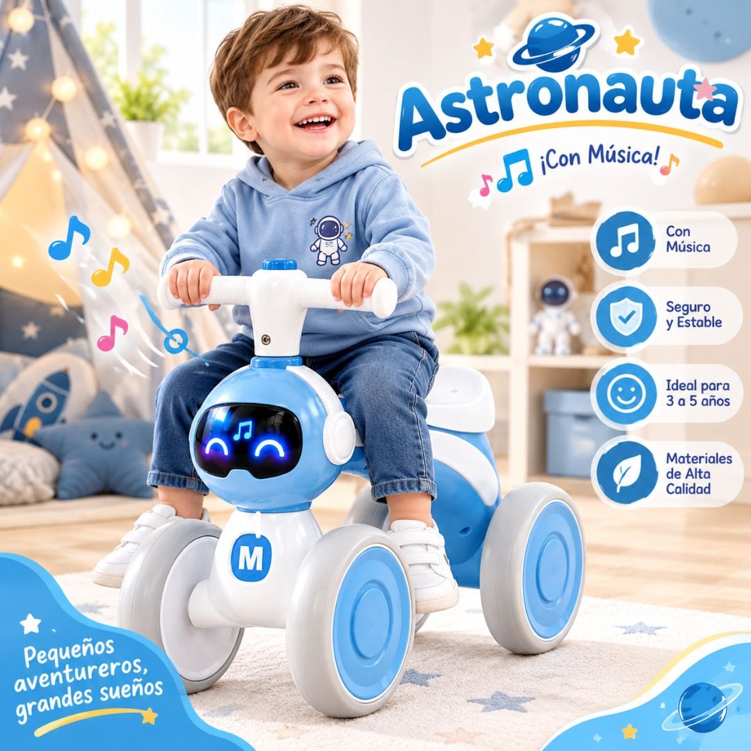 BICICLETA CORREPASILLOS PARA NIÑOS ASTRONAUTA MUSICAL Y LUZ COLOR CELESTE - 1