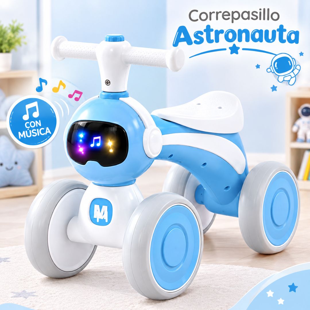 BICICLETA CORREPASILLOS PARA NIÑOS ASTRONAUTA MUSICAL Y LUZ COLOR CELESTE - 2