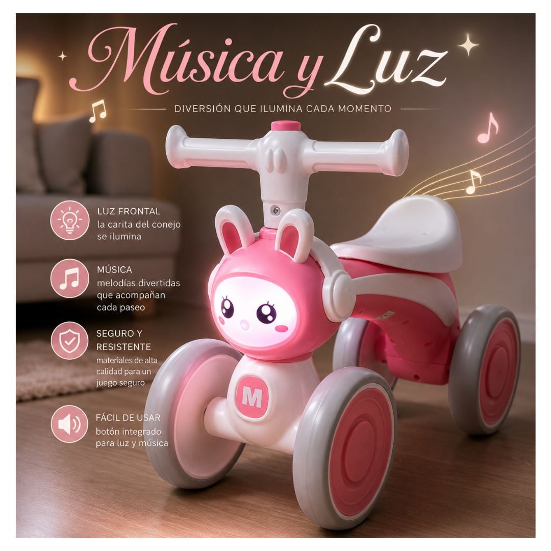 BICICLETA CORREPASILLOS CONEJITO PARA NIÑOS MUSICAL Y LUZ COLOR ROSADO - 1