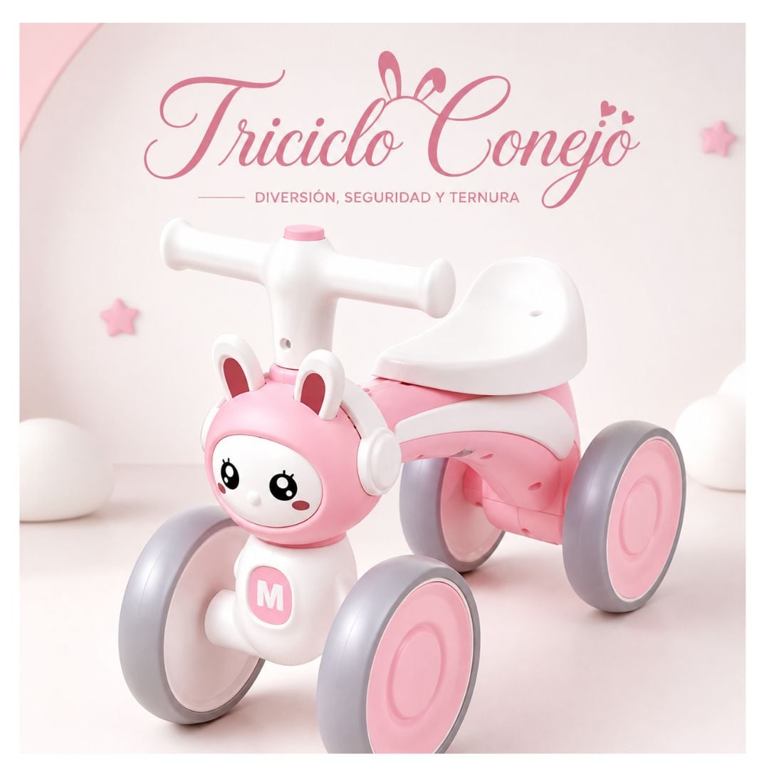 BICICLETA CORREPASILLOS CONEJITO PARA NIÑOS MUSICAL Y LUZ COLOR ROSADO - 2