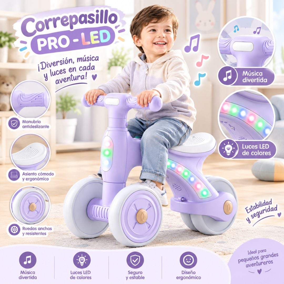 BICICLETA CORREPASILLOS LED PRO PARA NIÑOS MUSICAL Y LUZ COLOR LILA PASTEL - 1