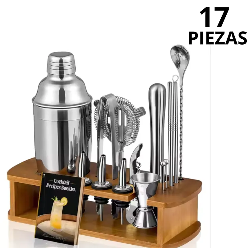 COCTELERA SET KIT BARMAN ACERO INOXIDABLE 17 PIEZAS Y RECETARIO - 1