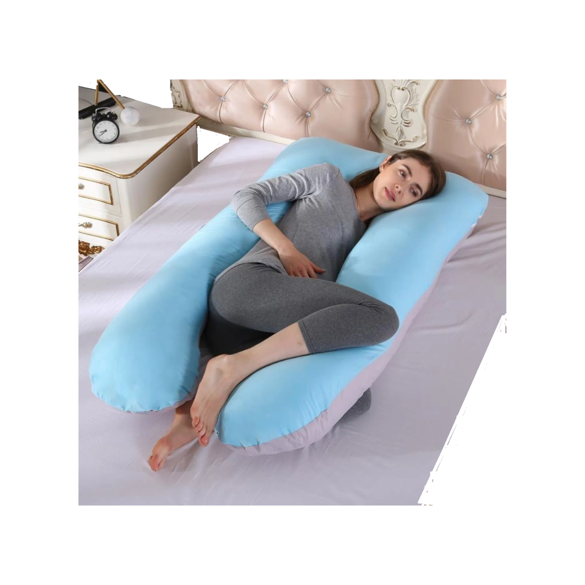 ALMOHADA MULTI POSTURAL EMBARAZO LACTANCIA CELESTE CON GRIS. - 1