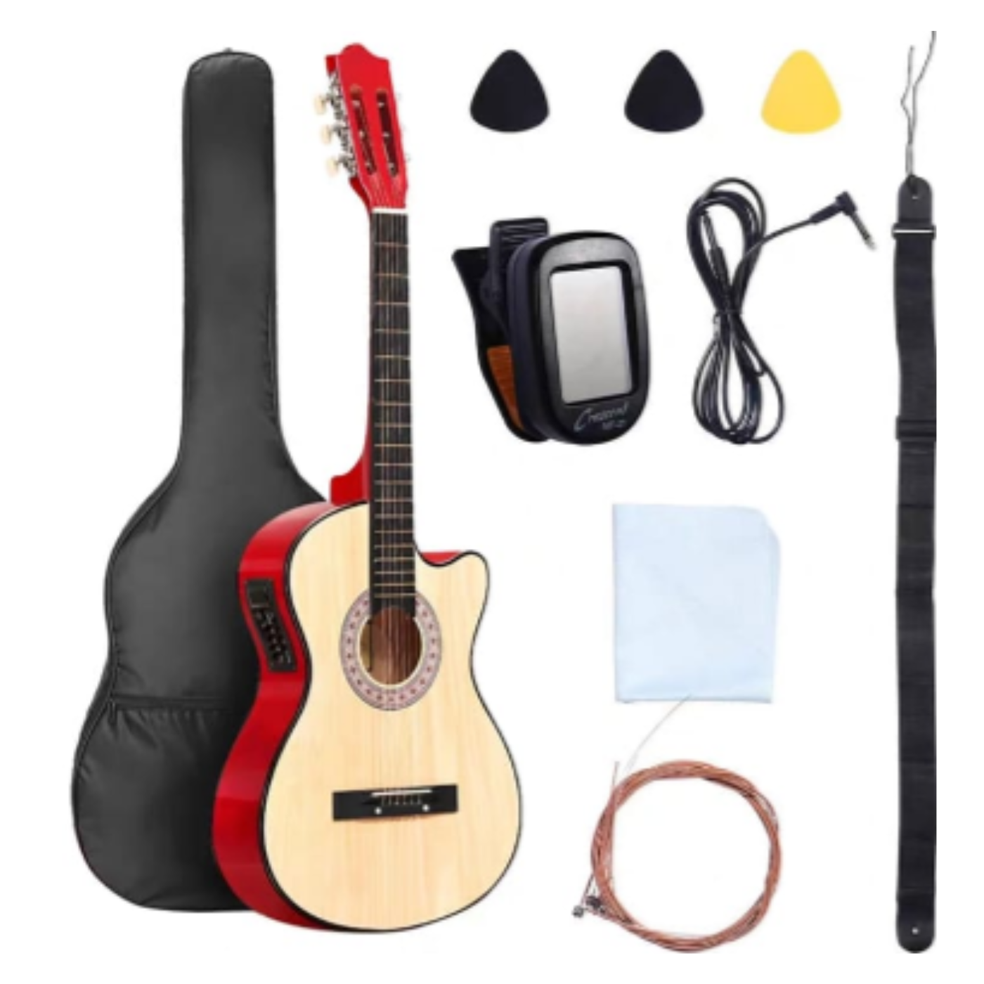 KIT DE GUITARRA COLOR MADERA ELECTROACUSTICA CON ACCESORIOS - 1