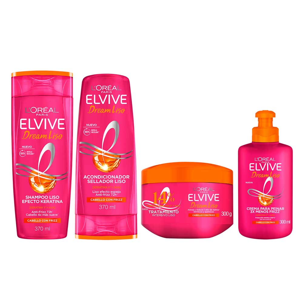 PACK ELVIVE DREAM LISO: SHAMPOO + ACONDICIONADOR + TRATAMIENTO + CREMA PARA PEINAR - 1