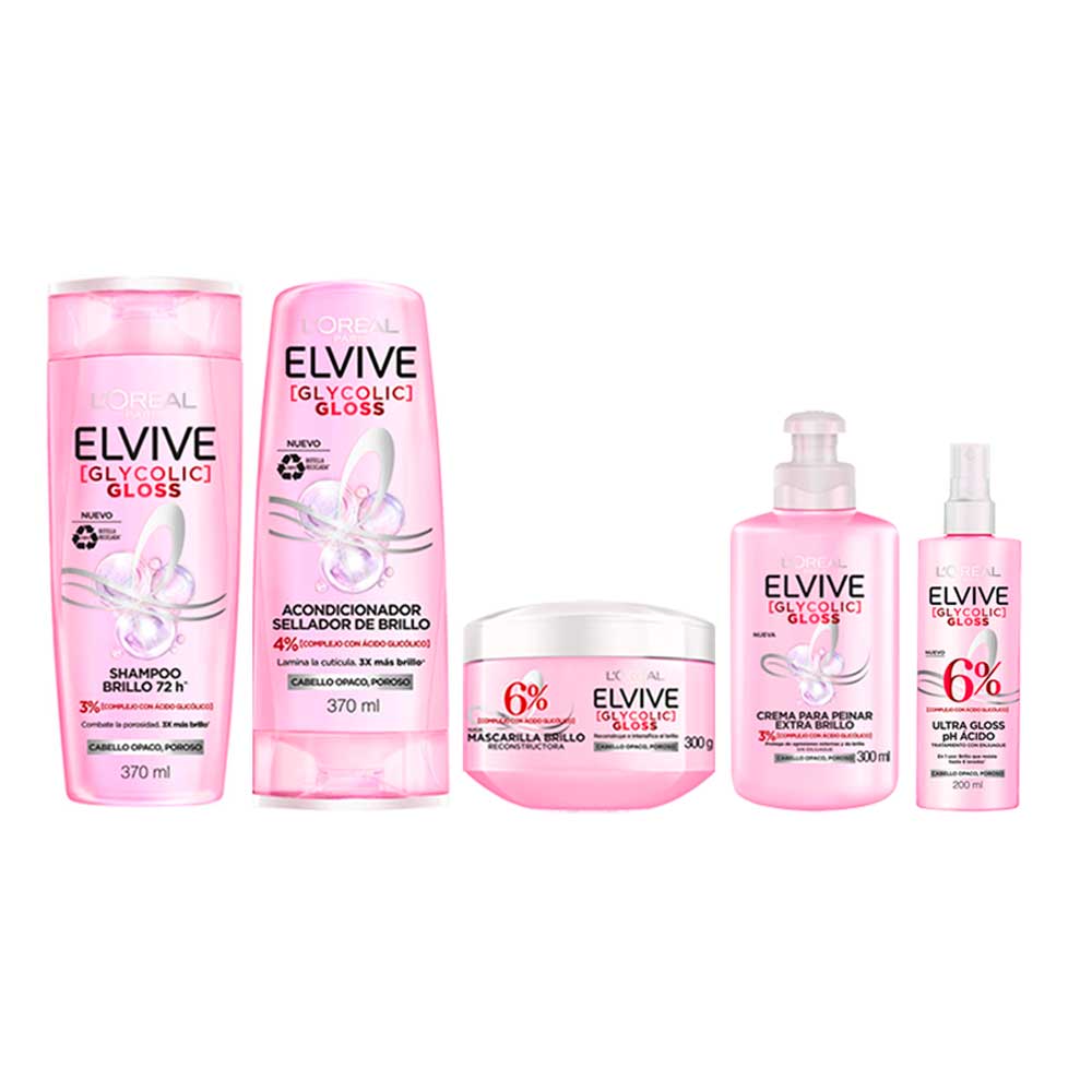 PACK ELVIVE GLYCOLIC GLOSS: SHAMPOO + ACONDICIONADOR + TRATAMIENTO + CREMA PARA PEINAR + SPRAY - 1