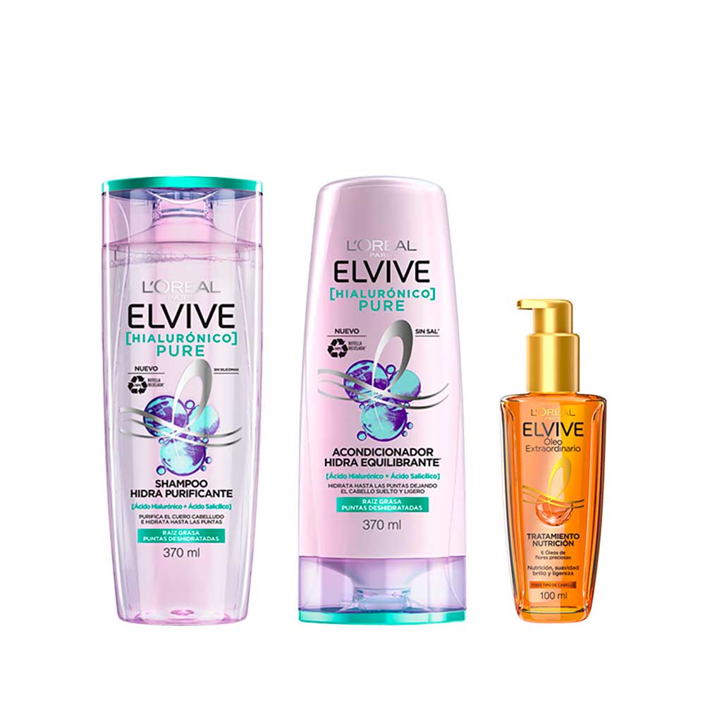 PACK ELVIVE HIALURÓNICO PURE: SHAMPOO + ACONDICIONADOR + ÓLEO - 1