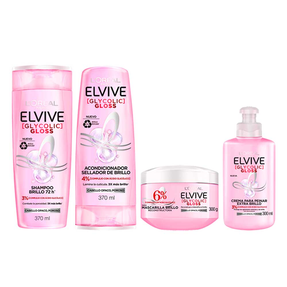 PACK ELVIVE GLYCOLIC GLOSS: SHAMPOO + ACONDICIONADOR + TRATAMIENTO + CREMA PARA PEINAR - 1