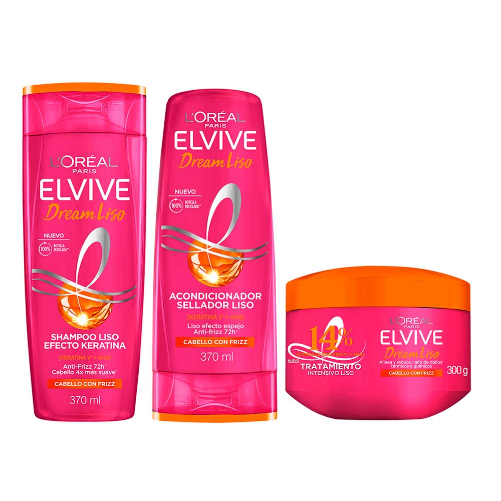 PACK ELVIVE DREAM LISO 370: SHAMPOO + ACONDICIONADOR + MASCARILLA DE TRATAMIENTO - 1