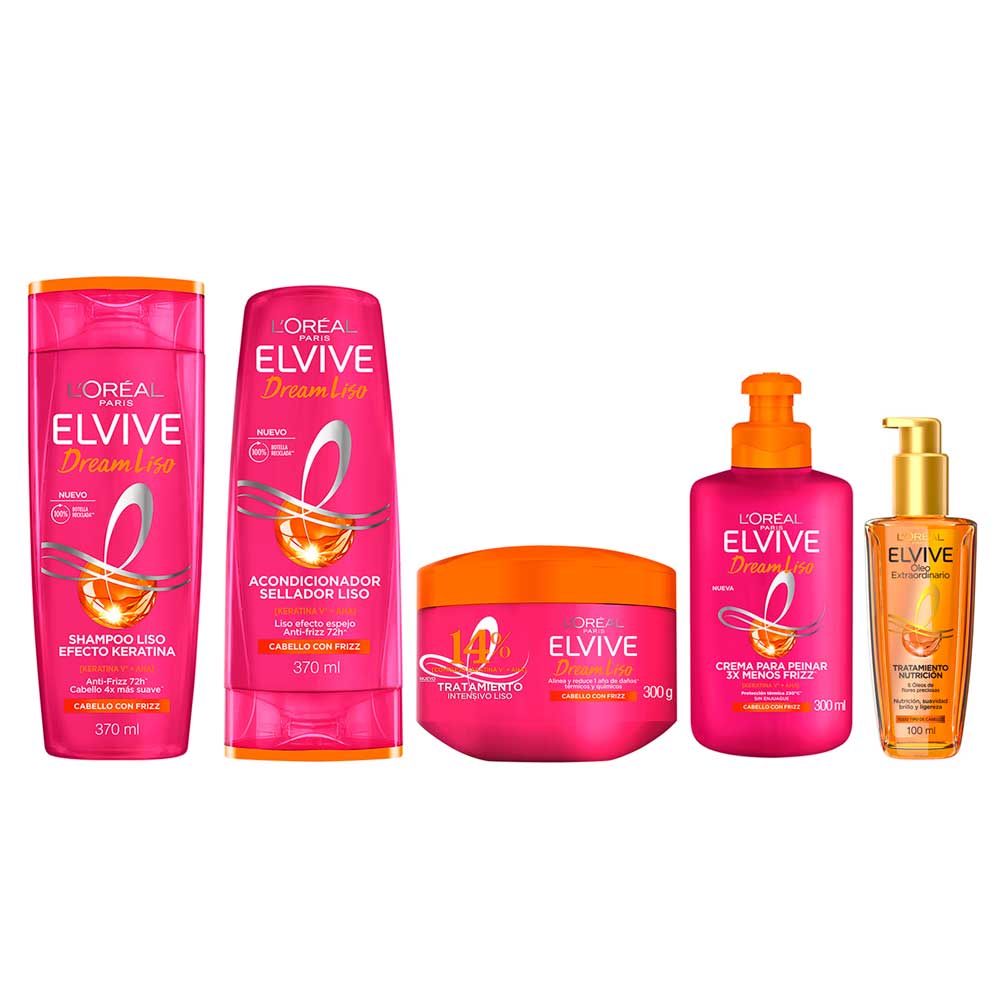 PACK ELVIVE DREAM LISO: SHAMPOO + ACONDICIONADOR + TRATAMIENTO + CREMA PARA PEINAR + ÓLEO - 1