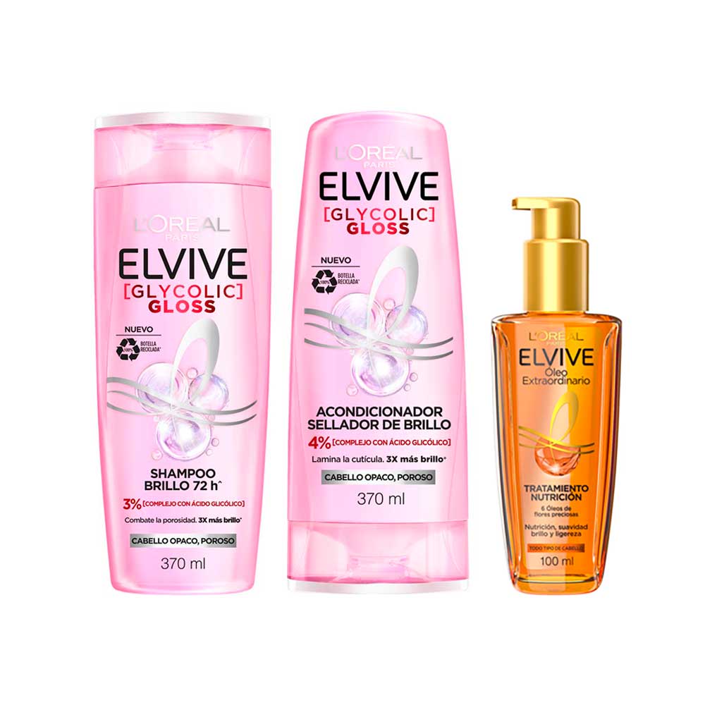 PACK ELVIVE GLYCOLIC GLOSS SHAMPOO + ACONDICIONADOR + OLEO EXTRAORDINARIO - 1