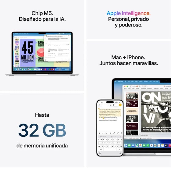 MACBOOK AIR APPLE 15' M5 10C/10C 16GB 512GB PLATA - 5