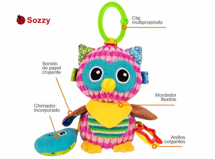 JUGUETE SENSORIAL COLGANTE PARA BEBÉS SOZZY – SONAJERO, MORDEDOR Y TEXTURAS 0 A 24 MESES - 3