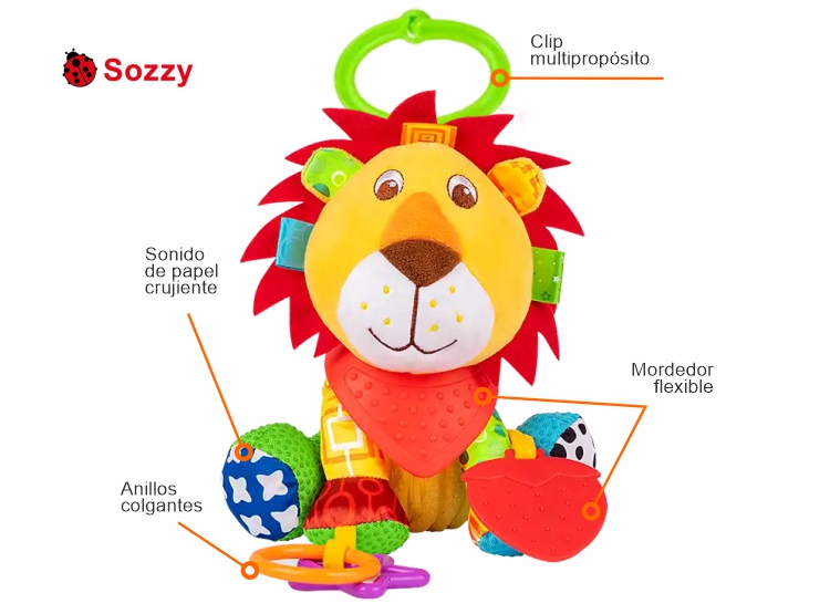 JUGUETE SENSORIAL COLGANTE PARA BEBÉS SOZZY – SONAJERO, MORDEDOR Y TEXTURAS 0 A 24 MESES - 3