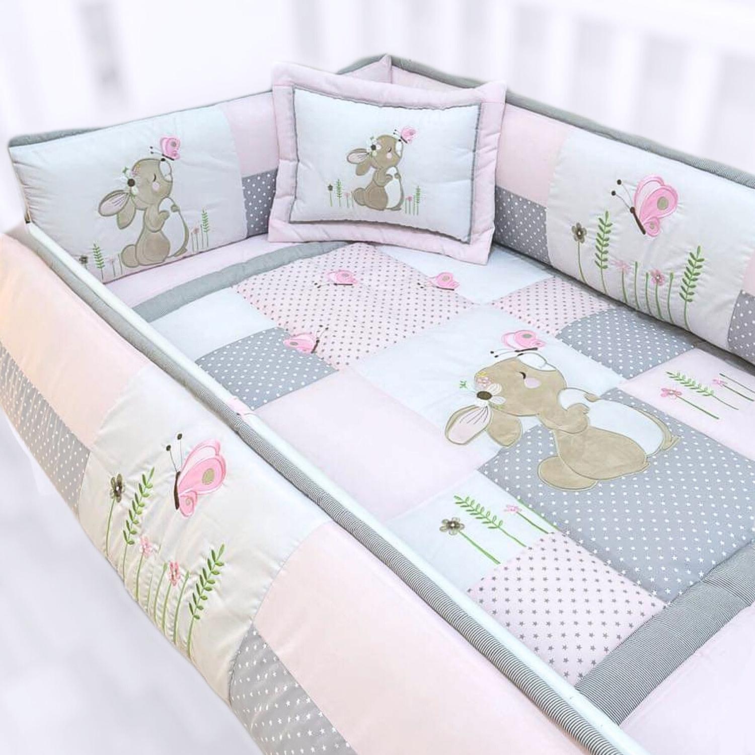 SET CUNA BABY MERINOS ALGODÓN MULTICOLOR Y 4 PROTECTORES PRESTIGE CONEJO CAMPO - 1