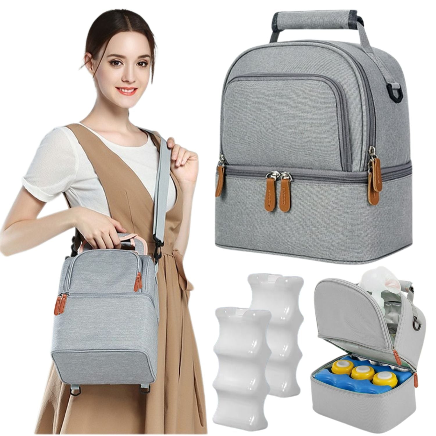 BOLSO CONSERVADOR TERMICO LECHE MATERNA PLOMO + 2 PORTA HIELO - 2